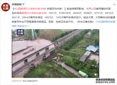 山西祁县一铁路被洪水冲垮：火车连同铁轨悬空